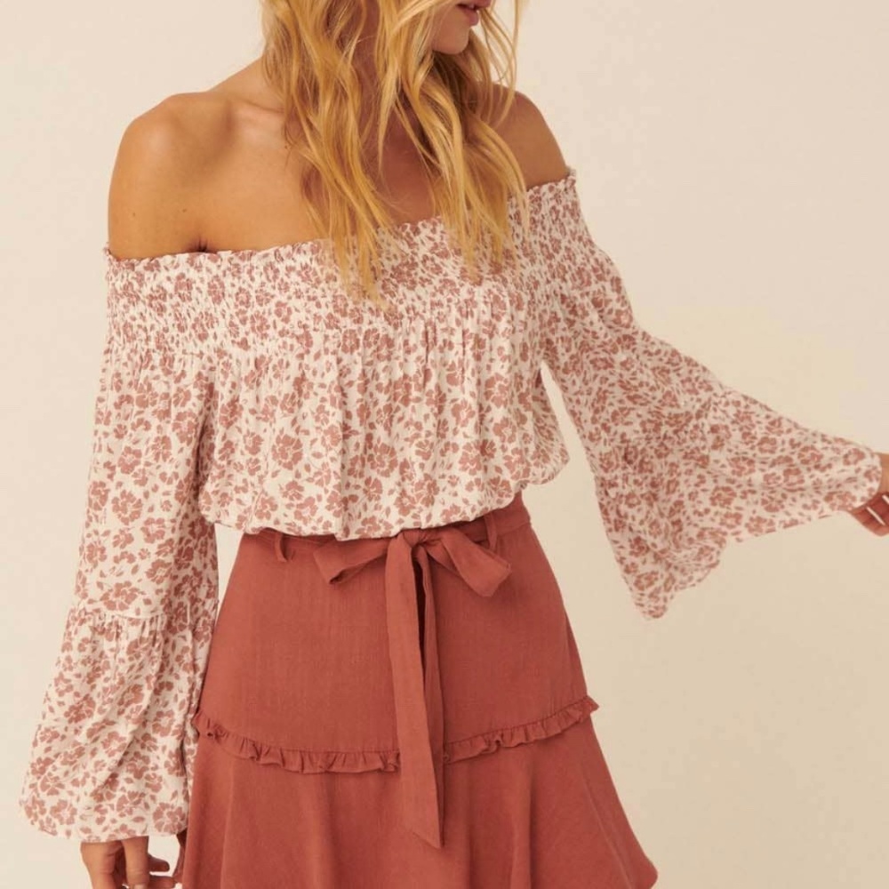 Floral Smocked Off Shoulder Bell Sleeve Top